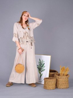 Krem İtalyan Beli Korsajlı Tokalı Kemerli Bol Paçalı Keten Pantolon