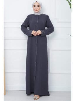 Petek Kumaş Büyük Beden Taşlı Füme Ferace