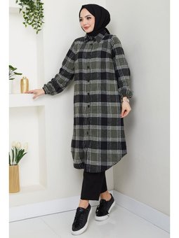 Uzun Ekose Oduncu Haki Gömlek Tunik