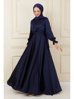 Bilek Büzgülü Mevlana Saten Abiye Elbise/lacivert