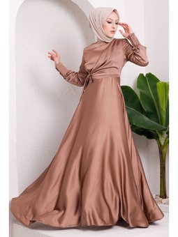 Mevlana Model Yandan Bağlama Detaylı Saten Vizon Abiye Elbise