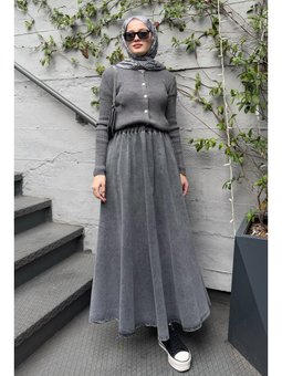 Beli Lastikli Gri Kot Etek