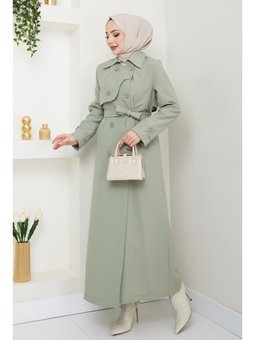 Kapak Detay Uzun Astarlı Mint Yeşili Trençkot