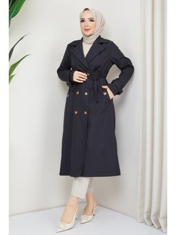 Kruvaze Yaka Kuşaklı Astarlı Siyah Trençkot