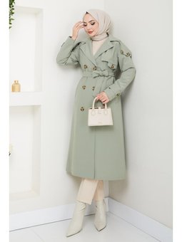 Omuzları Apolet Detaylı Astarlı Mint Yeşili Trençkot