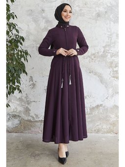 Sivya Yakası Düğme Kuşağı Örmeli Mürdüm Ferace