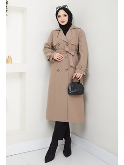 Taşlı Toka Detaylı Astarlı Bej Trençkot