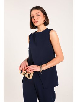 Lacivert Düğme Detaylı Krep Yelek