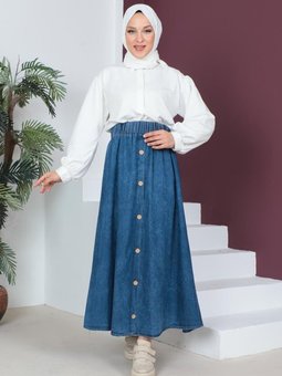 Açık Lacivert Düğme Detaylı Kar Yıkama Uzun Kot Etek
