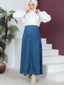 Açık Lacivert Lastik Detaylı Kar Yıkama Uzun Kot Etek