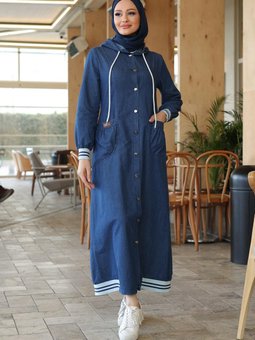 Koyu Mavi Ribana Detaylı Kot Spor Elbise