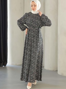 Siyah Küçük Çicek Desenli Viskon Elbise