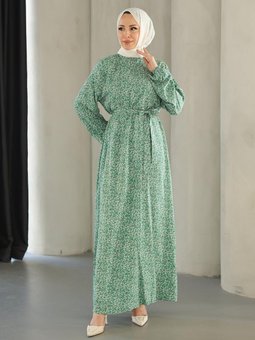 Yeşil Küçük Çicek Desenli Viskon Elbise