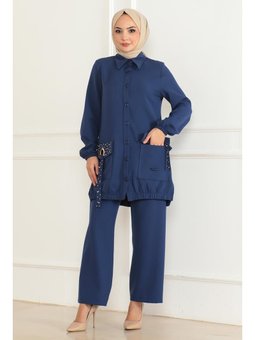Cep Detaylı İndigo Takım