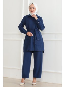 Düğme Detaylı İndigo Takım