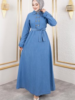 Açık Mavi Düğme Detaylı Kot Elbise