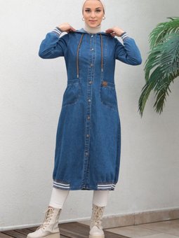 Açık Mavi Düğmeli Kapüşonlu Kot Kap