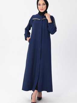 İndigo Fermuarlı Taş Detaylı Ferace