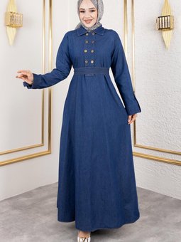 Koyu Mavi Düğme Detaylı Kot Elbise