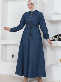 Koyu Mavi Fermuar Detaylı Bağcıklı Kot Elbise