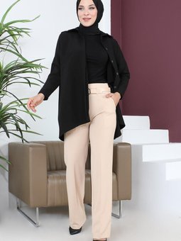 Krem Kemerli Bol Paça Pantolon