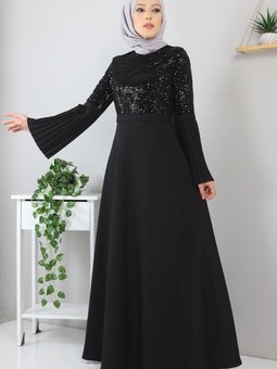 Siyah Piliseli Pulpayetli Abiye Elbise