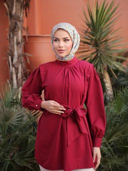 Bordo Önü Ve Kol Ucu Büzgülü Kemerli Tunik