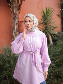 Lila Ön Ve Kol Ucu Büzgülü Kemerli Tunik