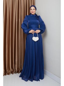 Belden Kuşaklı Büzgü Detaylı Yoryo İpek K. İndigo Abiye Elbise