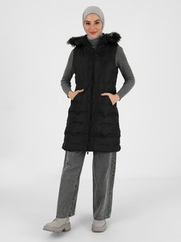 Çıkabilir Kapüşonlu Desenli Şişme Siyah Yelek