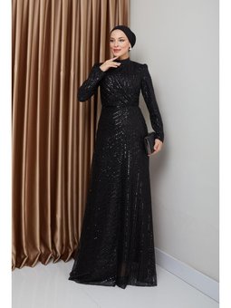 Volan Detaylı Payet Siyah Abiye Elbise