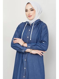 Koyu Mavi Kapşüonlu Düğmeli Tensel Ferace