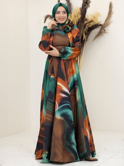 Turuncu Ebruli Desenli Abiye Elbise