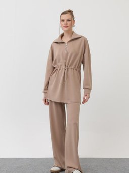 Bej Modal Kumaş Bel Büzgü Detaylı İkili Takım