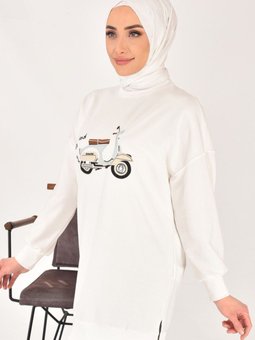Ekru İki İplik Kumaş Scooter Nakış Detaylı Sweatshirt