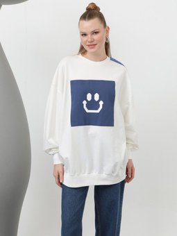 Ekru İki İplik Kumaş Smile Baskılı Oversize Sweatshirt