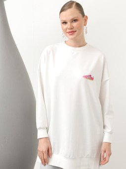 Ekru İki İplik Renkli Ayakkabı Baskılı Sweatshirt