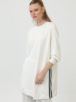 Ekru Modal Kumaş Çizgi Detaylı Tunik