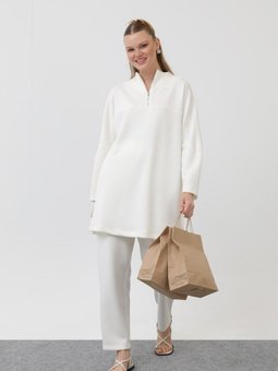 Ekru Modal Kumaş Fermuar Detaylı Tunik