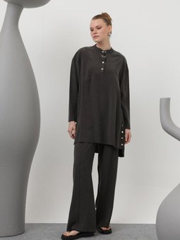 Gri Cupro Kumaş Çıtçıt Detaylı İkili Takım