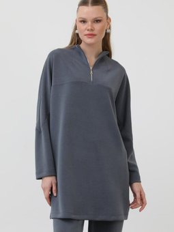 Gri Modal Kumaş Fermuar Detaylı Tunik