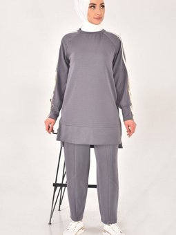 Gri Modal Kumaş Kol Detaylı İkili Takım
