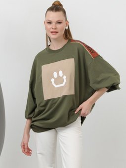 Haki İki İplik Kumaş Smile Baskılı Oversize Sweatshirt