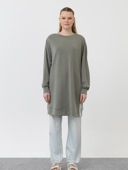 Haki Modal Kumaş Çizgi Detaylı Tunik