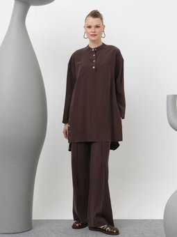 Kahverengi Cupro Kumaş Çıtçıt Detaylı İkili Takım