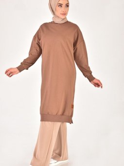 Kahverengi İp Kumaş Uzun Boy Basic Sweatshirt