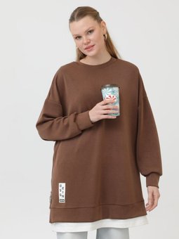 Kahverengi Modal Kumaş Arma Ve Fermuar Detaylı Sweatshirt