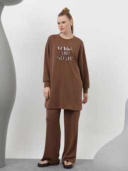 Kahverengi Modal Kumaş Pul Yazı Detaylı İkili Takım