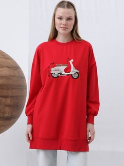 Kırmızı İki İplik Kumaş Scooter Nakış Detaylı Sweatshirt
