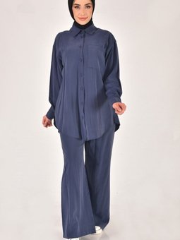 Lacivert Cupro Kumaş Tek Cepli Düğmeli İkili Takım